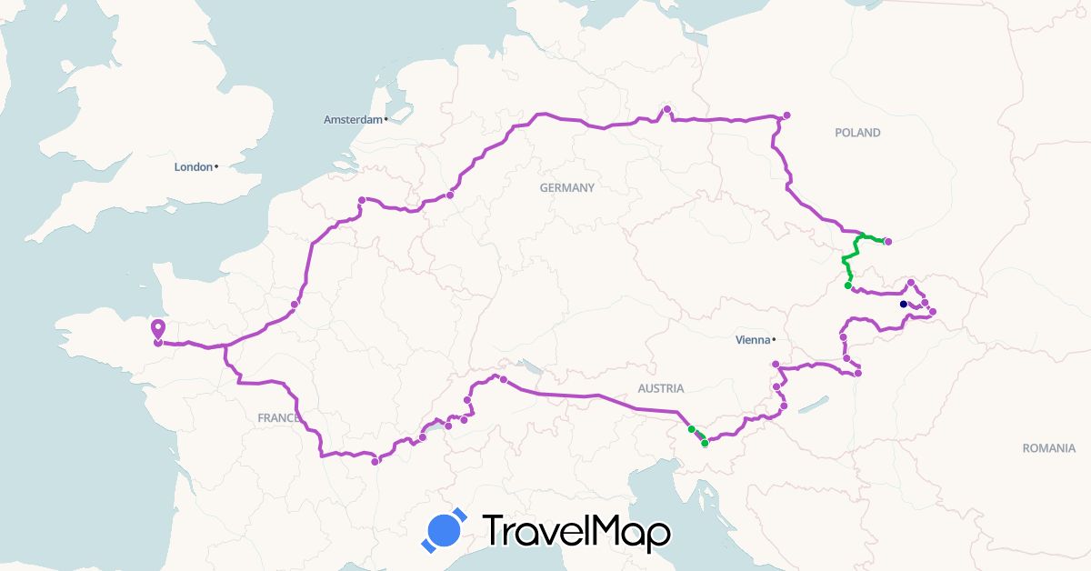 TravelMap itinerary: driving, bus, train in Belgium, Switzerland, Germany, France, Hungary, Poland, Slovenia, Slovakia (Europe)
