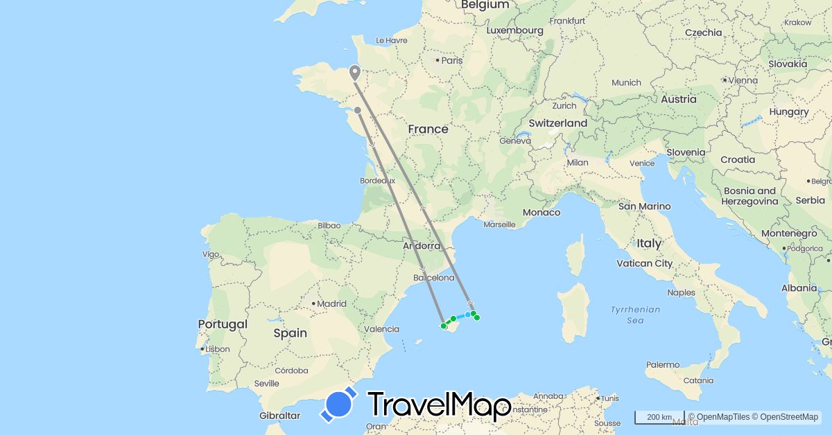 TravelMap itinerary: driving, bus, plane, boat in Spain, France (Europe)